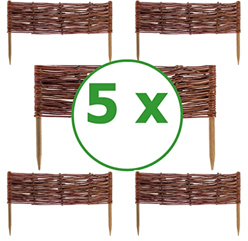 BOGATECO Lot de 5 bordures/clôtures de parterre, décoratives, en saule/bois/osier, à emboîter, pour la pelouse, le jardin comme délimitation de chemin, 60 x 20 cm (L x h)