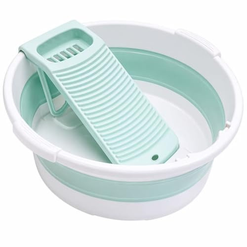 Fold Washboard Basin for Hand Washing Clothes,Non-Slip Washtub with Integrated Washboard for Hand Wash Laundry Household (Green)