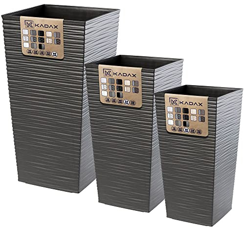 KADAX Maceteros Altos para Plantas de Interior y Exterior, Macetas de Plástico, Jardineras Altas (Texturizado, Grafito, 57.5 cm, 68 cm y 75.5 cm, Aprox. 116L)