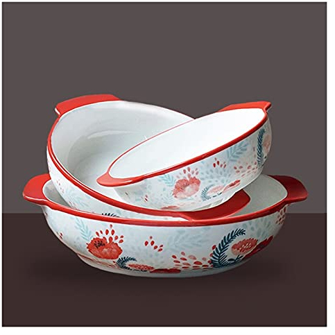 LUCBEI Lasagnera Set di bakeware Rotondo, Ceramica in Ceramica a 3 Pezzi, Piatto di casseruola con Manico, padelle di Lasagna for Cucinare, Cena Torta, Cucina Teglie da Forno