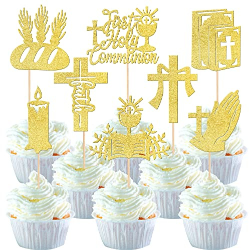 24 Stück Erste Heilige Kommunion Tortendeko Glitzer Kreuz Bibel Kuchen Deko Engel Gott Segnen Cupcke Toppers für Erstkommunion Taufe Religion Thema Geburtstag Party Cupcake Picks Supplies Gold