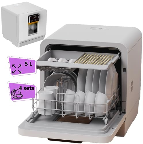 Mini lavavajillas sin instalación para 4 sets de vajilla. Lavavajillas pequeño y portátil con 5 programas de funcionamiento (lavado, secado y desinfección) (Modelo A)
