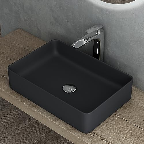 Mai & Mai Bathroom Sink Countertop Basin Wash Basin | Rectangular Ceramic Matt Black | Bathroom Vessel Sink | WDH: 58x38x13cm | Nano-Coating Brüssel105D