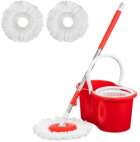 Crystals Microfiber Mop and Bucket Set, Spin Mop for Cleaning Floors with 2 Mop Heads, 1 x Mop Handle, 1 x Spin Bucket (Red)