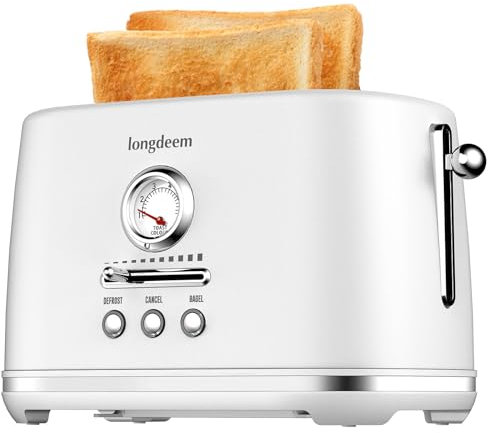 LONGDEEM Retro 2-slice toaster with extra wide and deep slots, 6 golden steps and 3 functions: reheat, defrost and break down, stainless steel, removable crumb tray