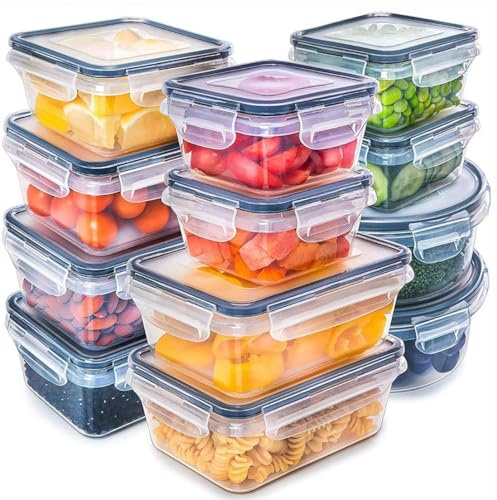 Omana Juego de 12 recipientes de almacenamiento de alimentos, sin BPA, herméticos, a prueba de fugas, con tapas, preparación de comidas, lavavajillas, microondas, congelador, despensa, armario de