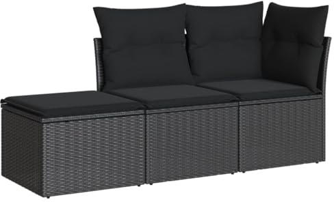 vidaXL 3-TLG. Garten-Sofagarnitur mit Kissen Schwarz Poly Rattan