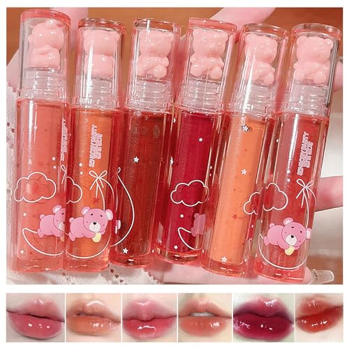 Yasovigi 6pcs Jelly Lip Gloss Bear Lip Stain Moisturizing Watery Lipstick Waterproof Long Lasting Cheek Cosmetics Beauty Lip Tint Makeup