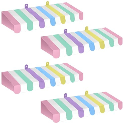 Boao 4 Pack Pastel Circus Awning Decoration Macaron 3D Stripe Cardboard Awning Pastel Wall Decor Colorful Carnival Party Favor for Spring Easter Bakery Ice Cream Truck Bulletin Board