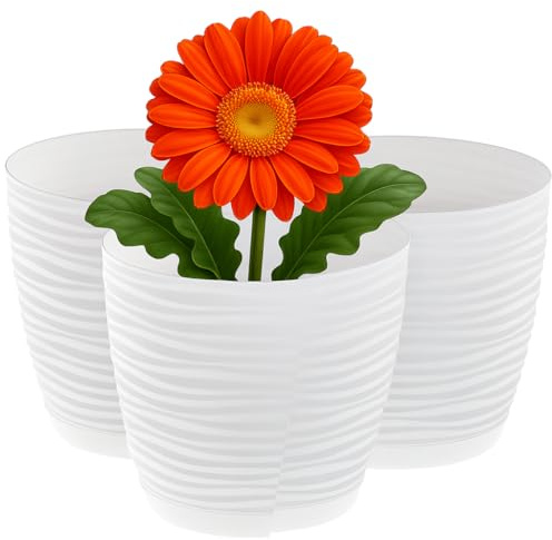 Home Garden Ornaments Blumentopf Übertopf Set 3er Kunststoff Ø 15 cm Weiß – Pflanztöpfe mit Drainagelöchern & integriertem Untersetzer, Wellenstruktur, für Innen & Außen