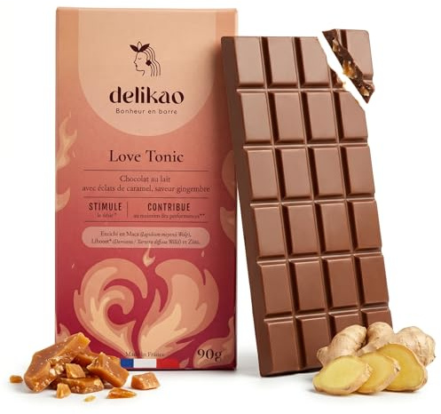 LOVE TONIC – Tablette de Chocolat Gourmand 90 g – Caramel - Gibembre – Fabriqué en France - Chocolat pour un Moment de Plaisir à Deux (Love Tonic, 1 tablette)
