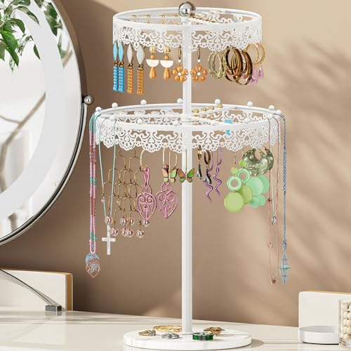 EKNITEY Rotating Earring Storage Organiser - Jewellery Earring Holder Display with 250 Holes and 15 Necklaces Hang Beads - Metal Necklace Stand Tree with Marble Base for Women Girl