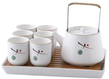YoeEoay Keramik Tee Set - Chinesisches Kungfu Tee Service - 750ml Teekanne Und 6x180ml Tassen - Asiatisches Porzellan Teeservice - Inkl. Filternetz, Hanfseilgriff & Bambus Abtropfschale - Weiss