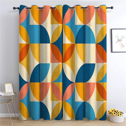 Vorhang Blickdicht Thermovorhang Orange-Blaue Und Gelbe Retro-Geometrie Muster Gardinen Wohnzimmer Vorhänge Geräuschreduzierung Dekoration für Wohnzimmer Fenster Collage-Geometrie 214 x 91.5 cm