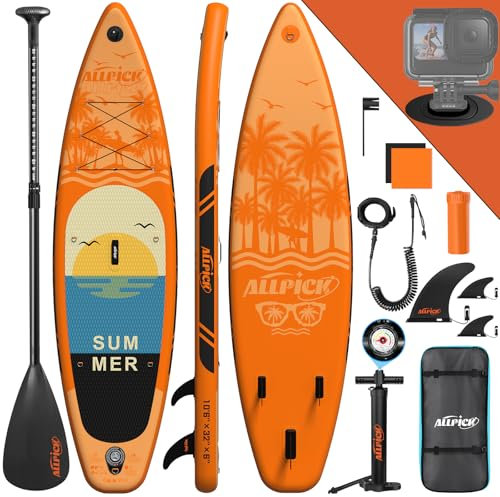 ALLPICK Premium SUP Board Set, Stand Up Paddling Board Aufblasbar, Mit Universal Kamerahalterung, Komplettes Zubehör, Verstellbares Paddel, Anfänger, Fortgeschrittene, 180kg (Vitalität - Orange)