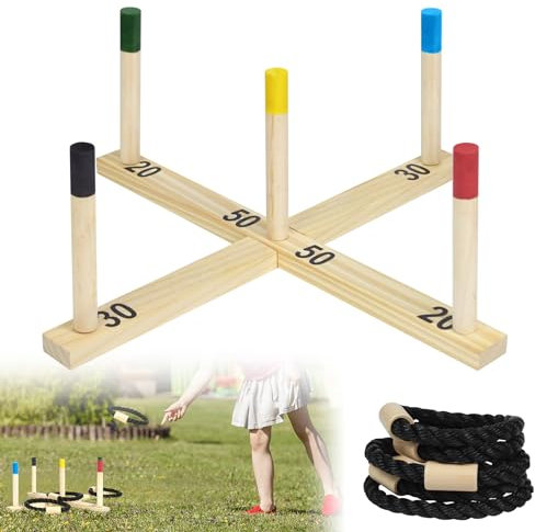 VANCHEMO Ringwurfspiel aus Holz Wurfspiel Holzspiel Set Inkl. 5 Wurfringe & 5 Spielstäben, Gartenspielzeug Draußen Ringwurf Spiele für Kinder & Erwachsener