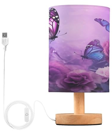 Cgiub Lampe de chevet LED à fleurs violettes et papillons avec abat-jour en tissu, base en bois et port USB pour chambre à coucher, chambre d'enfant, salon, bureau