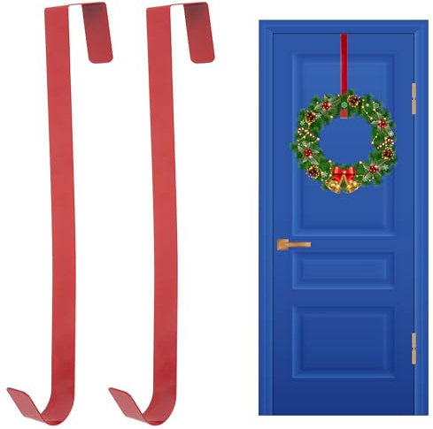 2Pcs Christmas Wreath Door Hanger 38cm Red Metal Over Door Wreath Holder | Fits Doors up to 5 cm Thick, Rust-Resistant Metal for Christmas Wreaths, Home, Office and Seasonal Decorations