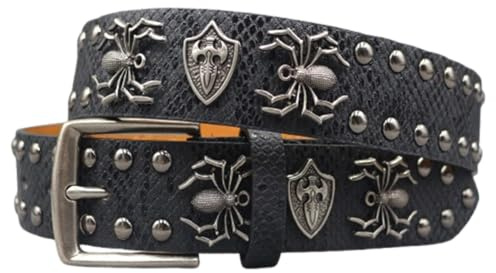 AGUTALITHIC Nietengürtel Gürtel Mit Spinne Und Rundnieten Im Punk Goth Style,Glänzendes Ledergürtel Für Damen Und Herren Gothic Kleidung Zubehör(105cm/41, Black)