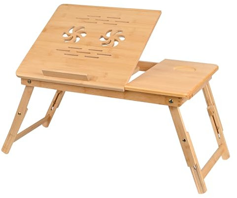 VASMIA Mesa Plegable de bambú para Cama y sofá, Bandeja de Desayuno, con Patas Plegables, Altura Regulable, Estante de Cama, Plegable, Natural