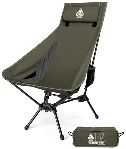 OneTigris TIGERBLADE Campingstol med hög rygg, vikbar 170 kg, fällstol, camping, lätt, trekantig ram, fiskstol, vikbar med 2 sidofickor, ultralätt för utomhusbruk, vandring (ranger grön)