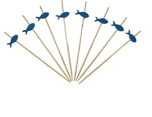Blue Fish - Palillos de cóctel para fiestas, 100 unidades, pinchos de frutas para eventos temáticos bajo el mar, 12 cm de longitud