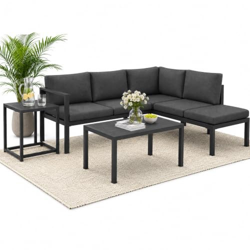 Mucola Gartenmöbel Set Ecklounge Aluminium mit Hocker und Tisch Anthrazit