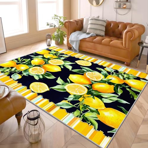PaxGloz Zitronen Deko Küche - Teppiche Wohnzimmer Schlafzimmer Gelb Zitronen, Kleiner Teppich Zitronenmuster, Weich Kurzflor & Waschbar & rutschfest Fussmatte Innen, Kinderteppich 80x150 cm