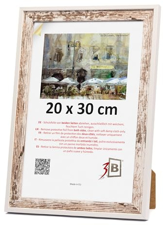 3-B Bilderrahmen SALO DUO - Blanco vintage (rústico con veta de madera visible) / Blanco - 20x30 cm - Marco de madera, marco para fotos, marco para retratos con vidrio acrílico