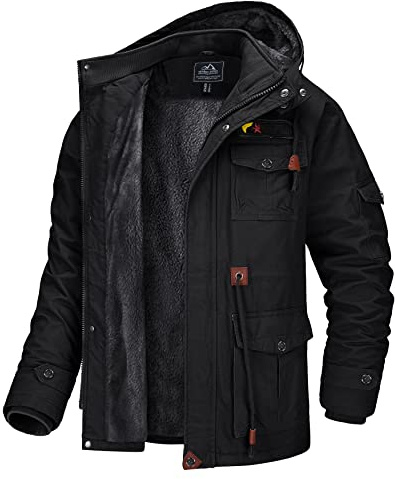 MAGCOMSEN Herren Übergangsjacke Warm Gefüttert Jacke Full Zip Winterjacke Herren Freizeitjacke Militär Jacken Winddicht Parka mit Abnehmbare Kapuze Schwarz L