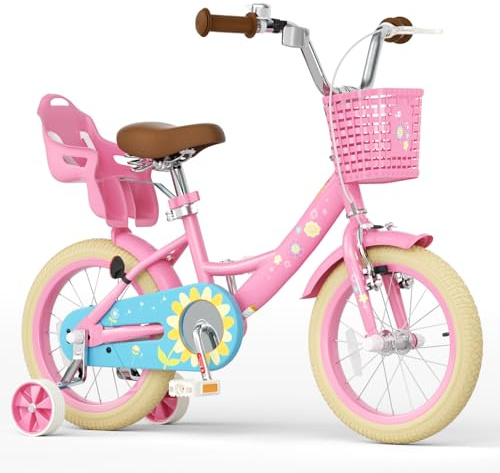Glaf Toddler Girls Bike for Age 2-9 Years Old 12 14 16 Inch Girls Bike with Training Wheels and Doll Seat Kids Bike Bicycle with Basket Adjustable Seat (Pink Flower, 12 inch with Training Wheels)
