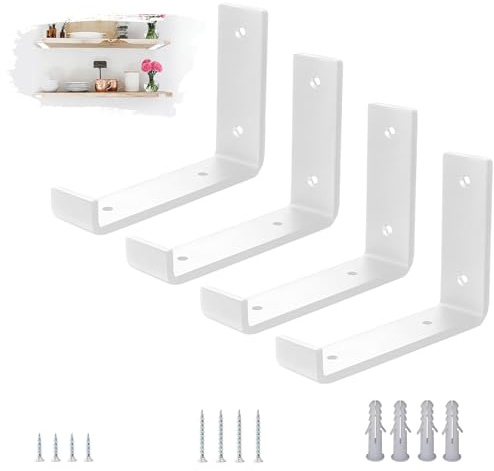VTOPVMAX Lot de 4 Equerre Etagere Murale Moderne Blanche, Support en Acier 5mm pour Étagère Charge Lourde avec Rebords Anti-Glissement - Pour Fixation Équerre Étagère 15cm
