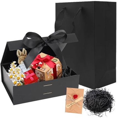 Geschenkkarton, 23x17x7 cm Magnetische Geschenkkarton mit Deckel, Wiederverwendbare, mit Tasche, Band, Raffia, Grußkarte, für Hochzeit, Geburtstag, Jubiläum (Schwarz)