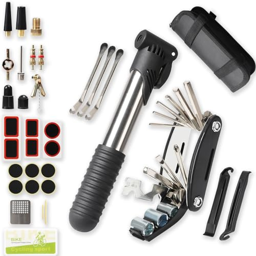 Ruaizel 34Pcs Bike Repair Kit, 16-in-1 Bike Multi Tool with 120PSI Mini Bicycle Pump, Bicycle Repair Kit for Mountain Bike Road Bikes