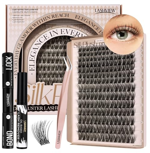 LASHVIEW Wimpern Extensions Kit, 196 Pieces Cluster Lashes, D Curl Volume Künstliche Wimpern mit Wimpernkleber,Versiegelung, Entferner, Applikator, DIY Wimpern selbst stylen (10-16 mm Mix)