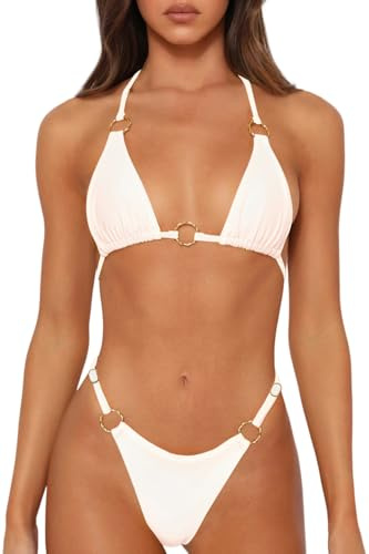 MIKETAI Sexy Bikinis for Women 2 Piece Bikini Spaghetti Strap Swimsuits Solid Color Bathing Swimwear Triangle Bathing Suit (US, Alpha, X-Small, Regular, Regular, White)