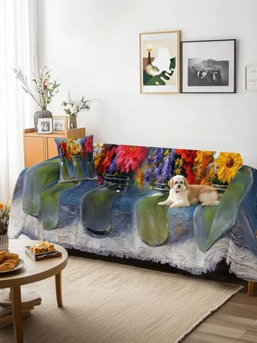 Spring Flowers Sofa Cover Blanket Couch Covers for Armchair Cushion,Couch Sofa Silpcover with Tassel,Rustic Botanical Vases Floral Oil Painting Living Room Throw Towel Blanket Covers XX-L 71x150