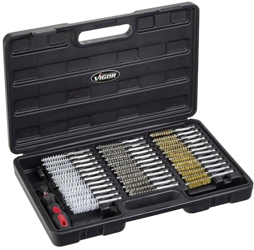 VIGOR Bürsten-Satz (Für die Reinigung von Rohren und Zylindern, inkl. Handgriff und Verlängerung, 3 Arten von Bürsten à 12 Größen) V4646 | 1640 g, 38-teilig, Professionelles Reinigen und Entgraten von Zylindern, Rohren, Buchsen etc, 1 Verlängerung 150 mm