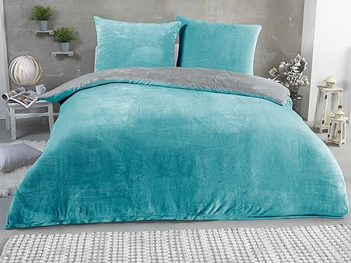 MALIKA Winter Plüsch Wendebettwäsche Nicky-Teddy 'Cashmere Touch' 135-155 - 200x200 Coral Fleece, Farbe:GRAU-Petrol, Größe:200 x 200 cm