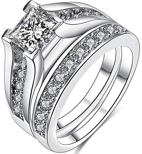 JUDE 925 Sterling Silver Princess Cut Wedding Engagement Bridal Ring Set (P)