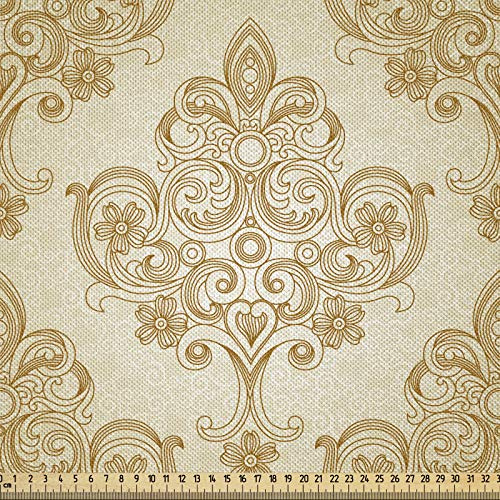 ABAKUHAUS Jahrgang Stoff als Meterware, Barocke Gebogene Blumen, Seidiger Satin Stoff Zum benähen von Heimtextilien, 2M (148x200cm), Hellbraun Creme