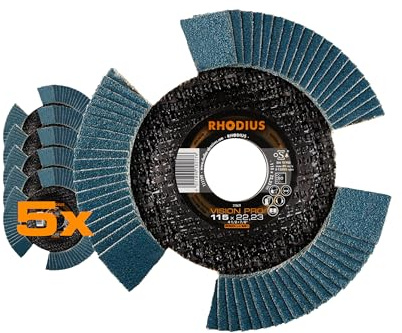 RHODIUS INOX - Disco lamellare VISION PRO, Ø 115 mm, K80, per smerigliatrice angolare, 5 pezzi