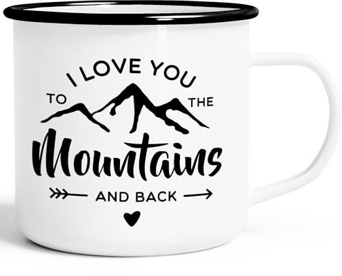Moonworks® Emaille-Tasse I love you to the mountain and back Liebeserklärung Valentinstag Weihnachten weiß-schwarz Emailletasse