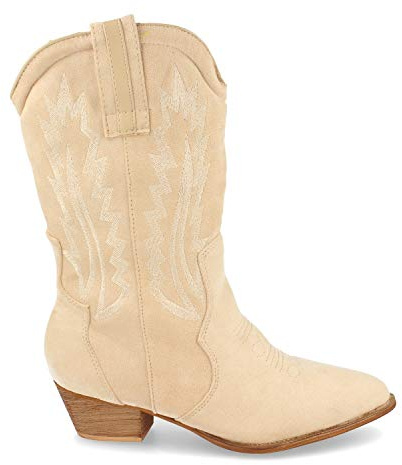 44355-Bota de Mujer con Tacon Campero, Cosido en Empeine y Cana, Primavera Verano 2021. Talla 36 Beige
