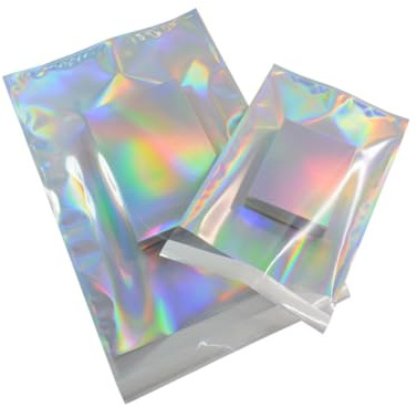 100 Pcs Clear Front Poly Mailers Holographic Metallic Aluminum Foil Glitter Bag Shipping Envelopes Mailing Self Sealing Envelope Packaging Pouches Storage Bags 6.5×9.2in (16.5×23.4cm)