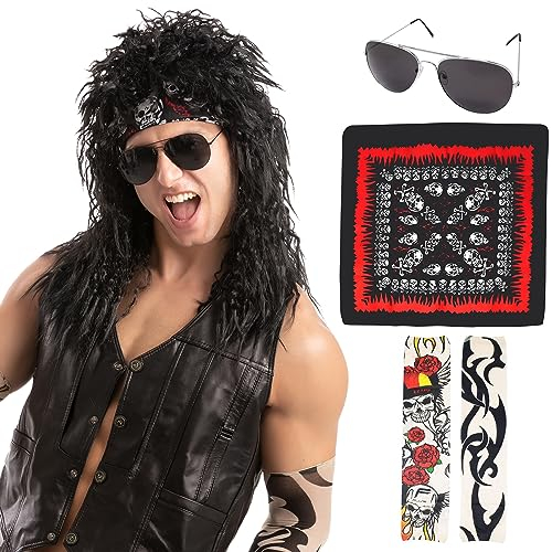 Spooktacular Creations Men's Black Rocker Wig Set Long Curly Halloween Wig for Adults 80’s Party Cosplay Accessories
