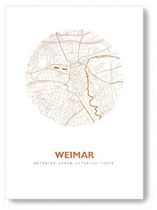 Weimar Deutschland Karte - Personaliserte Stadtplan Poster Rund in S/W Rose Gold Silber Kupfer - A4 A3 - Stilsichere Wandbilder Geschenke Arbeitszimmer Wohnzimmer Andenken Heimatstadt