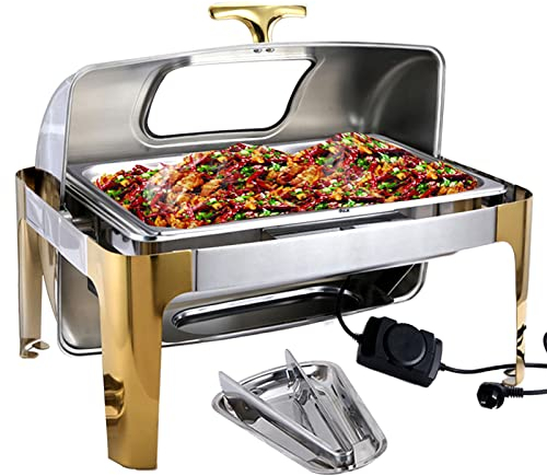 Electric Food Warmer Buffet Server with Glass Lids, 9L Stainless Steel Chafers Warmer for Catering Chafing Dish Buffet Warmer Server and Warming Tray for Weddings Parties, Golden, 400W(Size:Full)