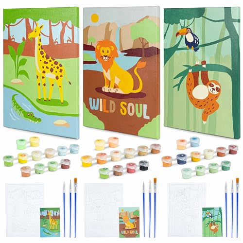 BONNYCO Pintar por Numeros Niños Animales de la Selva, Pack 3 Lienzos. Kit Manualidades, Juguetes y Regalos para Niños. Cuadros para Pintar por Números, Paint by Numbers. Animales Juguete