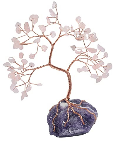 KYEYGWO Rosenquarz Heilung Kristall Geldbaum auf Natürlichen Amethyst Rohstein Base, Feng Shui Bonsai Baum Kristallbaum Figuren Stein Ornament Edelsteinbaum Haus Deko für Glück, Reichtum